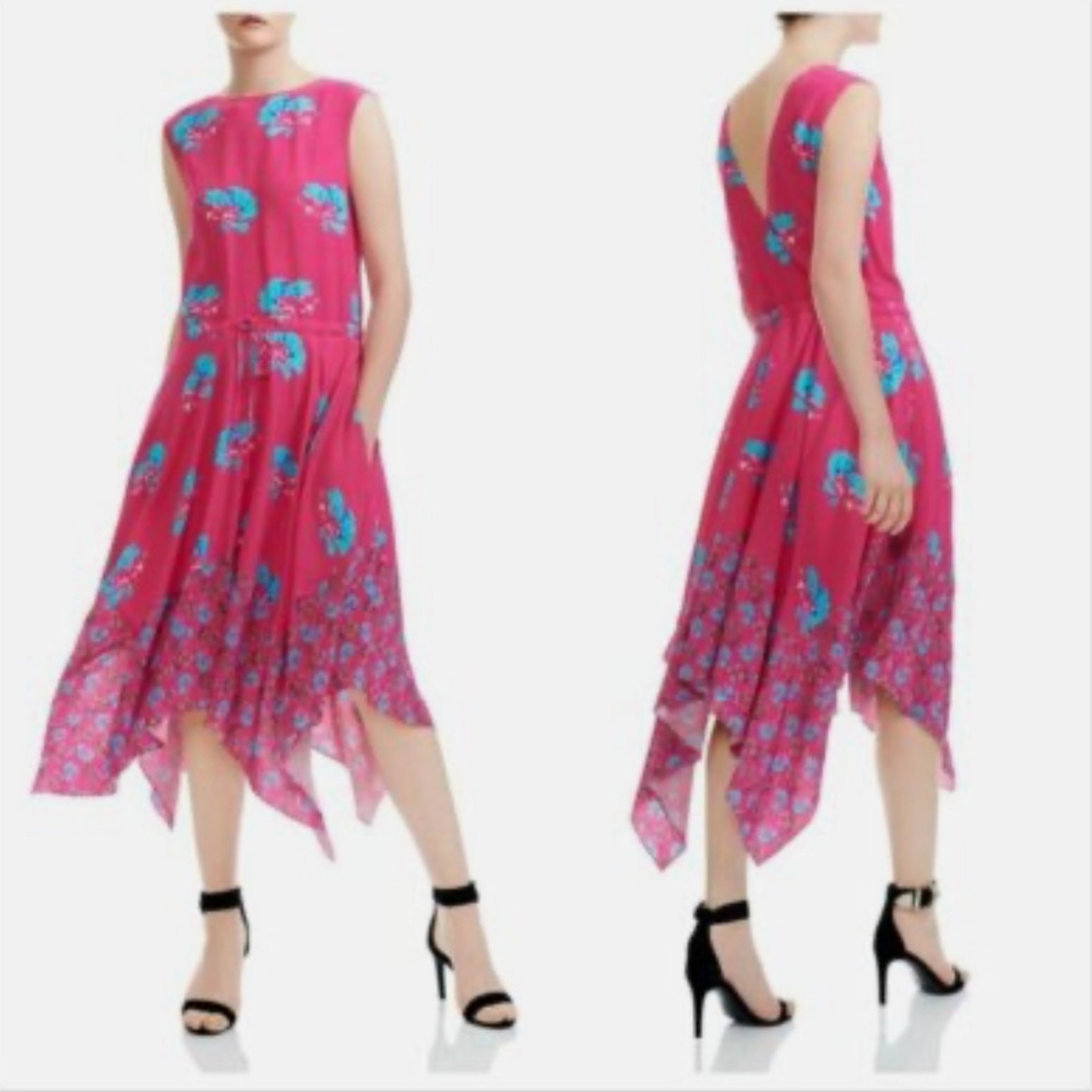 Maje NWT Rushia Pink and Blue Floral Handkerchief Hem Dress Size Large